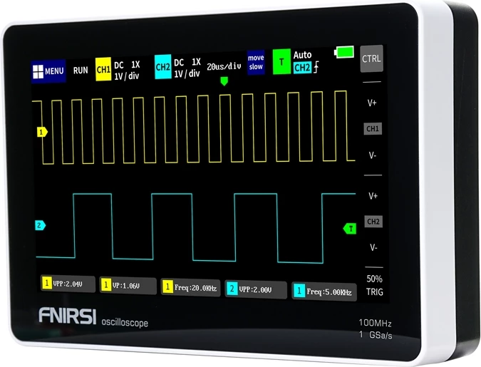Oskiloskop tablet portabël, FNIRSI 1013D, 2 kanale 100 MHz 1 GSa/s, ekran 7\" me prekje, memorie 1 GB, bateri 6000 mAh
