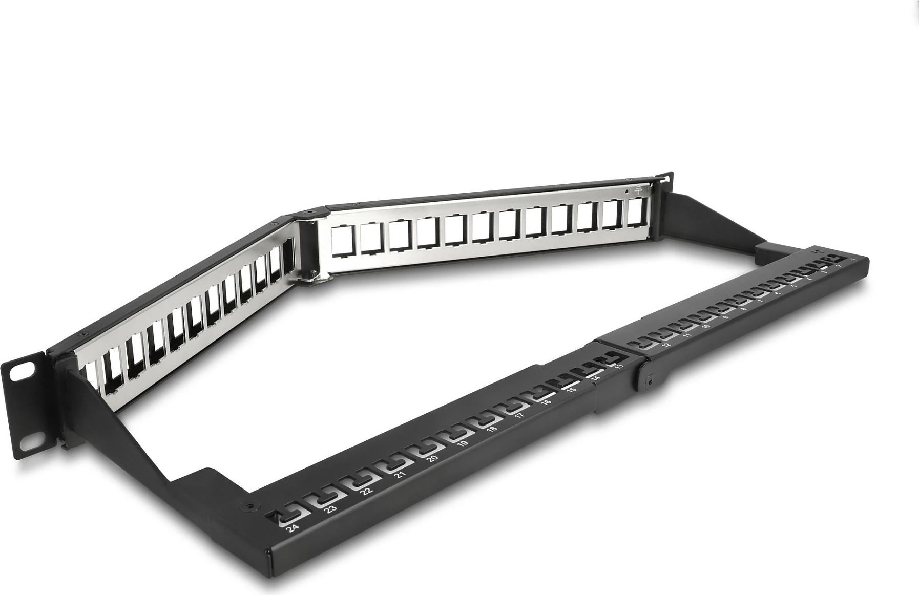 Patch panel DeLOCK 19" Keystone 24 porta, 1U i pjerrët, me strain relief, i zi