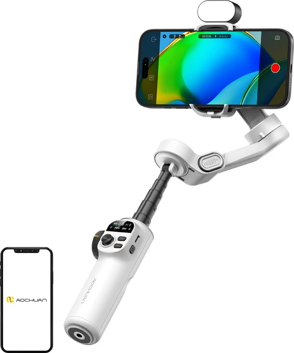 Stabilizator (gimbal) për celular AOCHUAN Smart X2, 3-aksësh, me ndriçim RGB 7 ngjyra, krah zgjatues 20 cm, me tripod + modul RGB, i bardhë