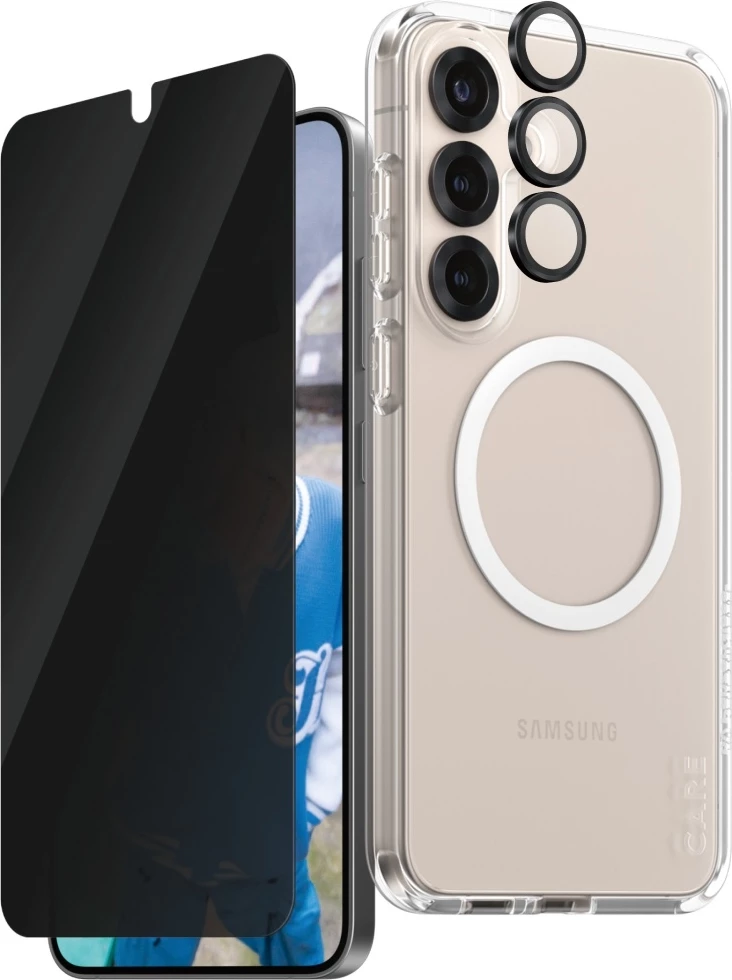 Mbështjellës PanzerGlass CARE 3in1 me xham privatësie dhe mbrojtës lente për Samsung Galaxy S25+, Transparent