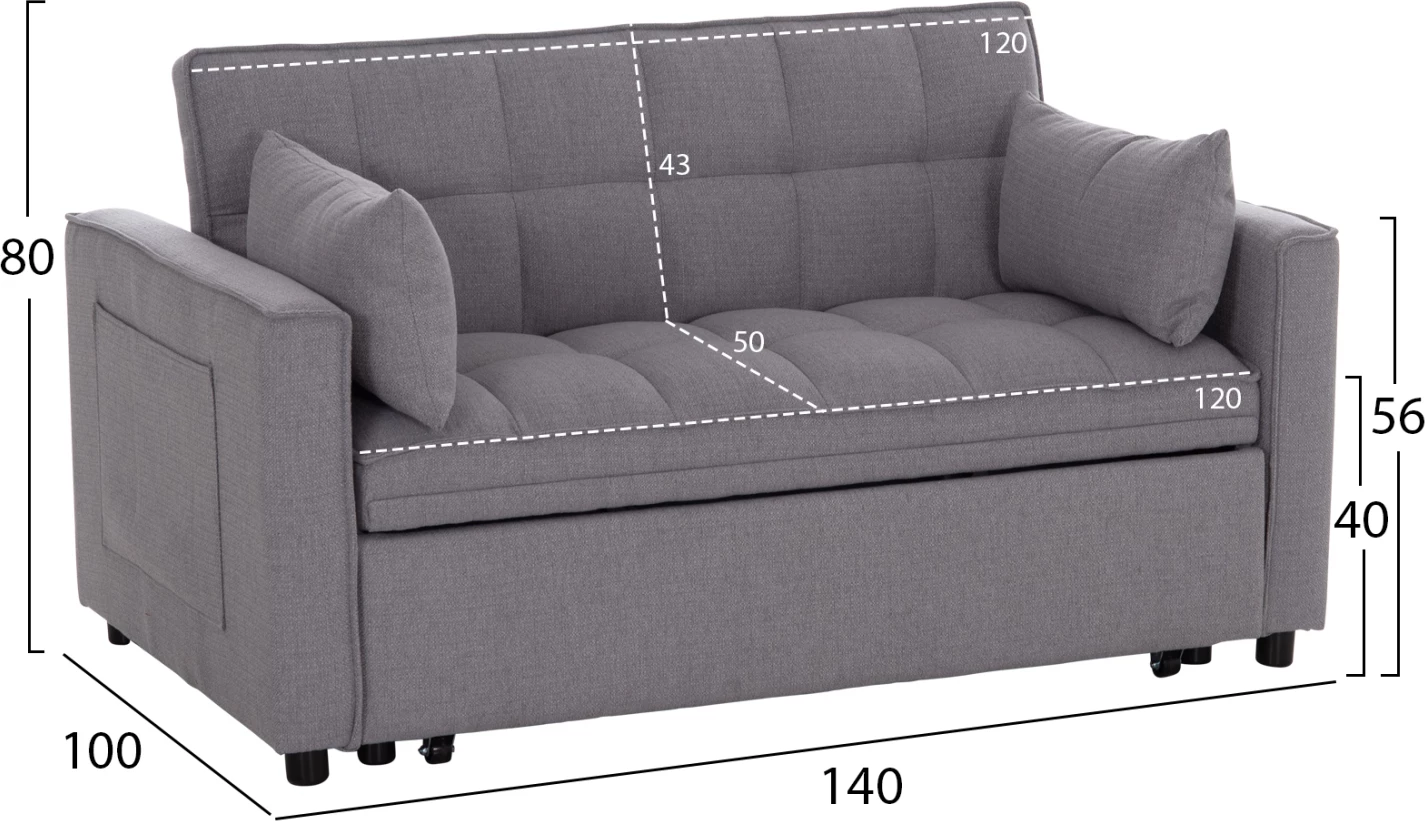 Divan i shndërrueshëm në shtrat, dy vende, BORG FH3289.01, material gri, 142x94x78cm
