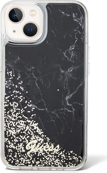 Mbështjellës Guess Liquid Glitter Marble për iPhone 14, i zi