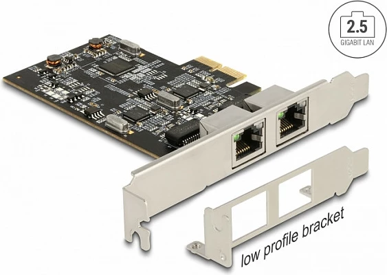 Kartelë rrjeti DeLOCK PCIe x2, 2x RJ45 2.5GbE, Intel I225-V, Low-Profile, çelik inox