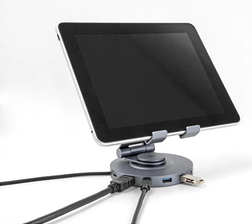 Docking station DeLOCK 4K me mbajtëse, HDMI, LAN, USB-C/USB-A, SD/MicroSD, PD 60W, 360° rrotullues, gri