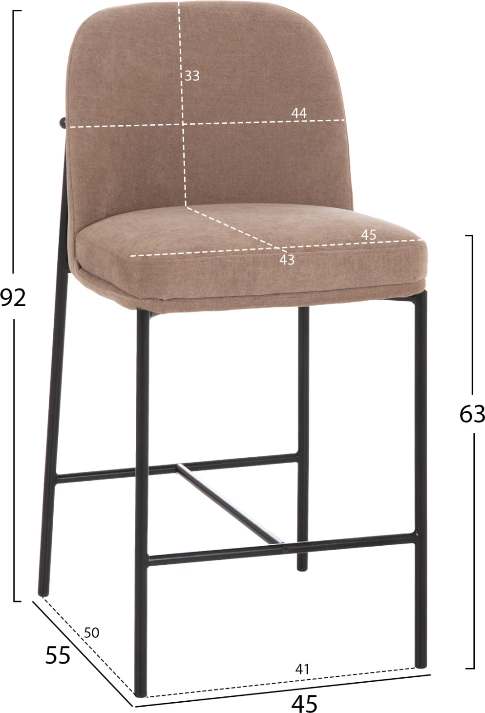 Karrige për bar mesatare MANIDO, stof taupe, kornizë metalike e zezë, 47x54x94cm, set prej 2 copë