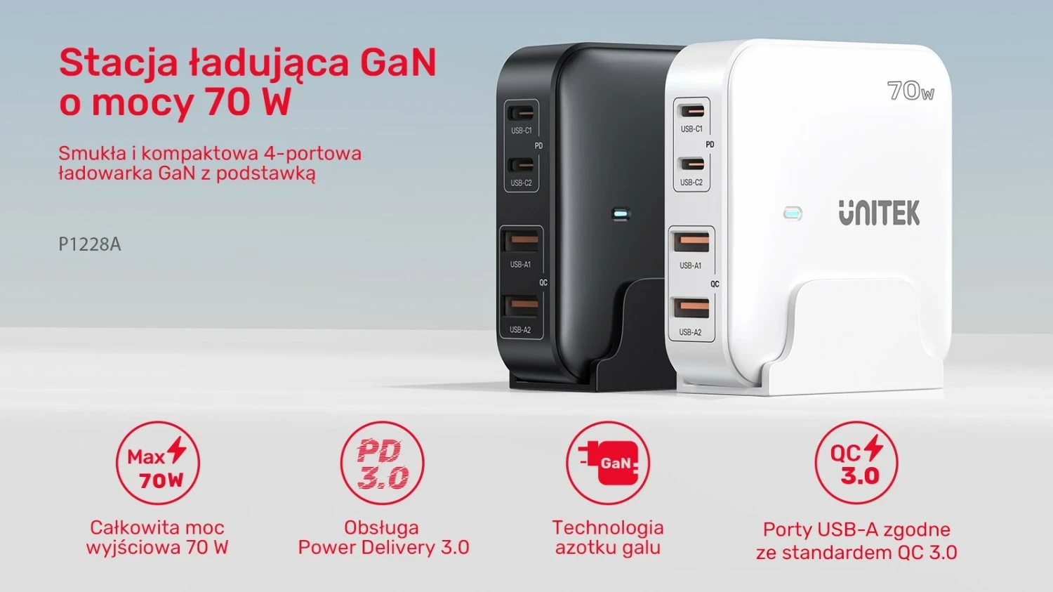 Karikues Unitek GaN 70W 2xUSB-A 2xUSB-C i bardhë