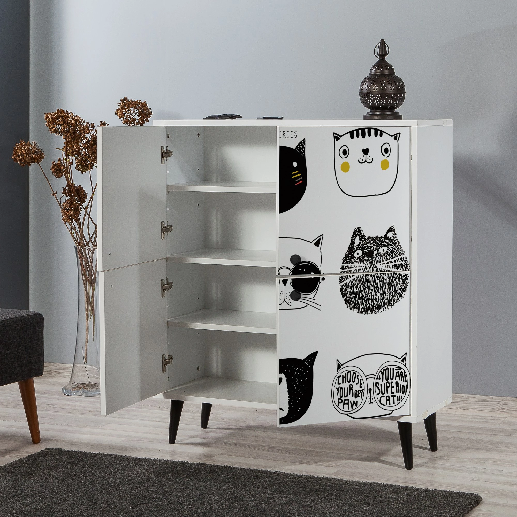 Dollap multifunksional Hanah Home, Multilüx Cats, i bardhë, i zi, i verdhë