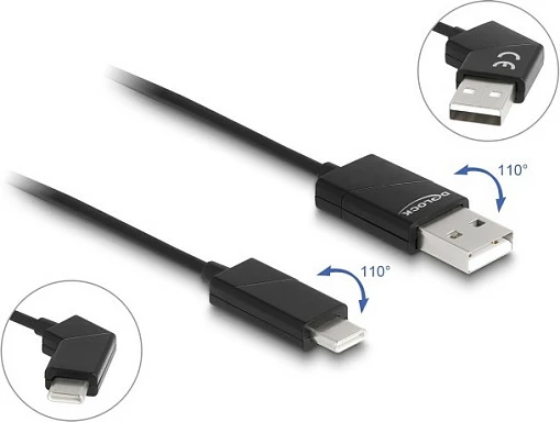 Kabllo USB DeLOCK USB-A në USB-C, 1.2 m, Fast Charging 60 W, me konektorë rrotullues, e zezë