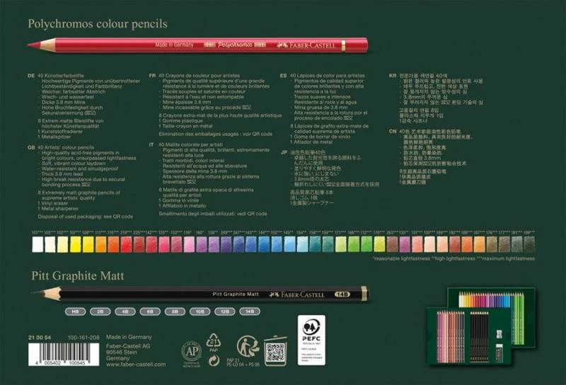 Set lapsa ngjyrash Faber-Castell Polychromos FC-210054, 40 lapsa ngjyrash + 8 Pitt Graphite Matt, jeshile