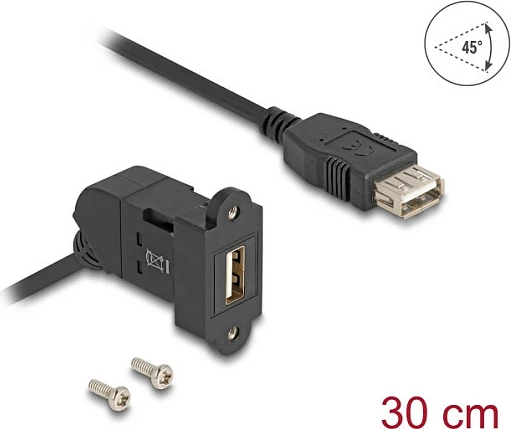 Adapter panel USB 2.0 DeLOCK USB-A femër 45° në USB-A femër, 30 cm, i zi