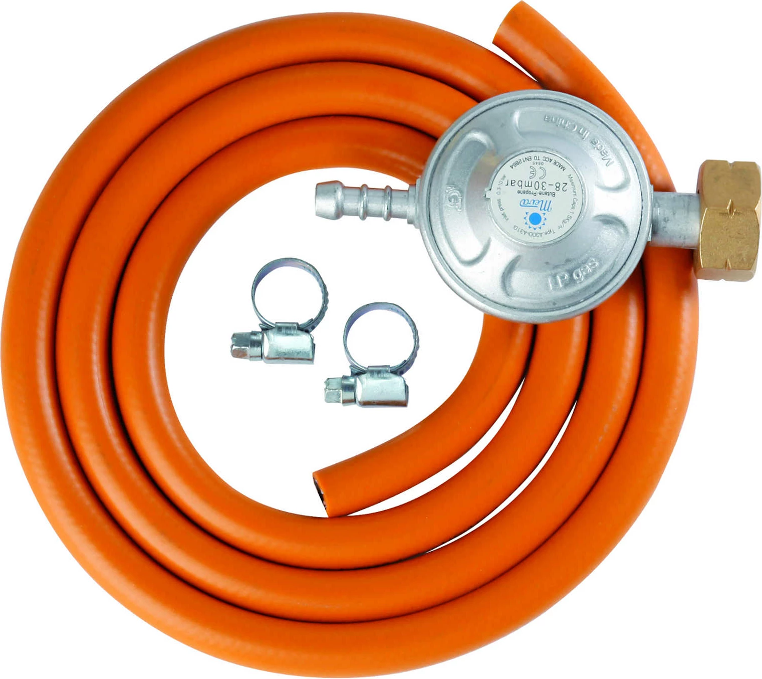 Set lidhës për bombol gazi LPG Meva UNP01007 me reduktor 37 mbar, zorrë 1.5 m, portokalli