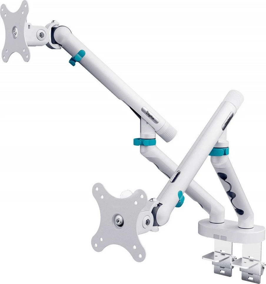 Krah tavoline i dyfishtë për monitor Digitus DA-90472, 2x deri 35\", 2x10kg, VESA 75x75/100x100, me kapëse + montim në tavolinë, i bardhë