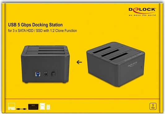 Docking station DeLOCK 64332, me 3 slote për HDD/SSD SATA 2.5/3.5, USB 3.2 Gen 1, e zezë
