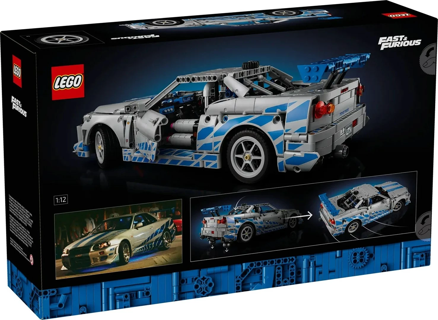 Set LEGO Technic Nissan Skyline GT-R (R34) 2 Fast 2 Furious, 42210, për të rritur, Gri/Kaltër