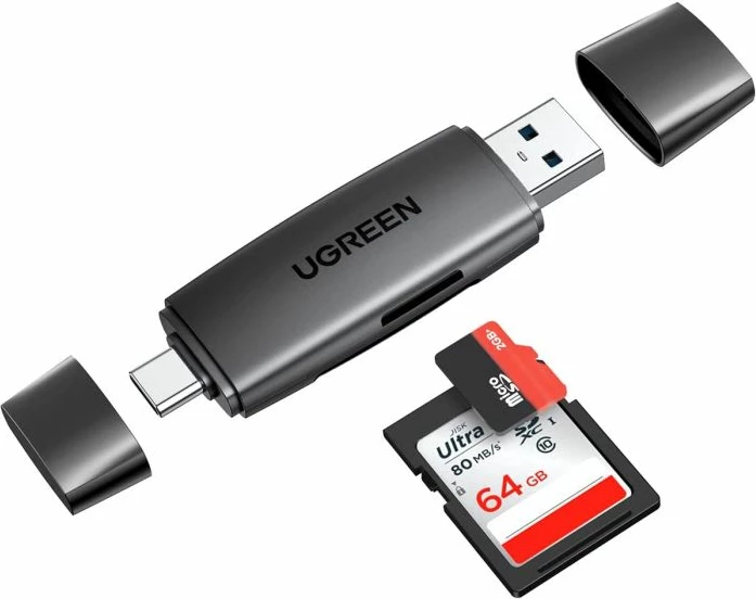 Lexues kartelash UGREEN 80191, USB 3.0 + USB-C, SD/microSD, gri e errët