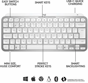 Tastierë wireless LOGITECH MX Keys Mini (920-010499), Bluetooth/Logi Bolt, me ndriçim, SLO layout, e bardhë