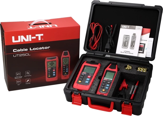Detektor kabllosh UNI-T UT25CL, set transmetues + pranues, 33 kHz, gjurmim deri 2.5 m, CAT III 480V, IP54, deri 8 transmetues, i kuq
