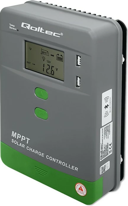 Kontrollues karikimi diellor Qoltec MPPT 53662, 30A, 12V/24V, LCD, 2xUSB, Bluetooth, Gri/Jeshil