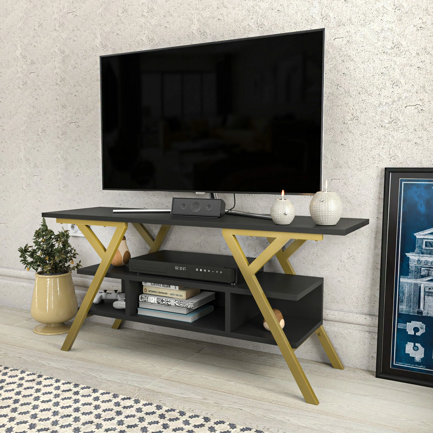 Komodinë TV Skye Decor, ngjyrë ari dhe antracit, Minerva