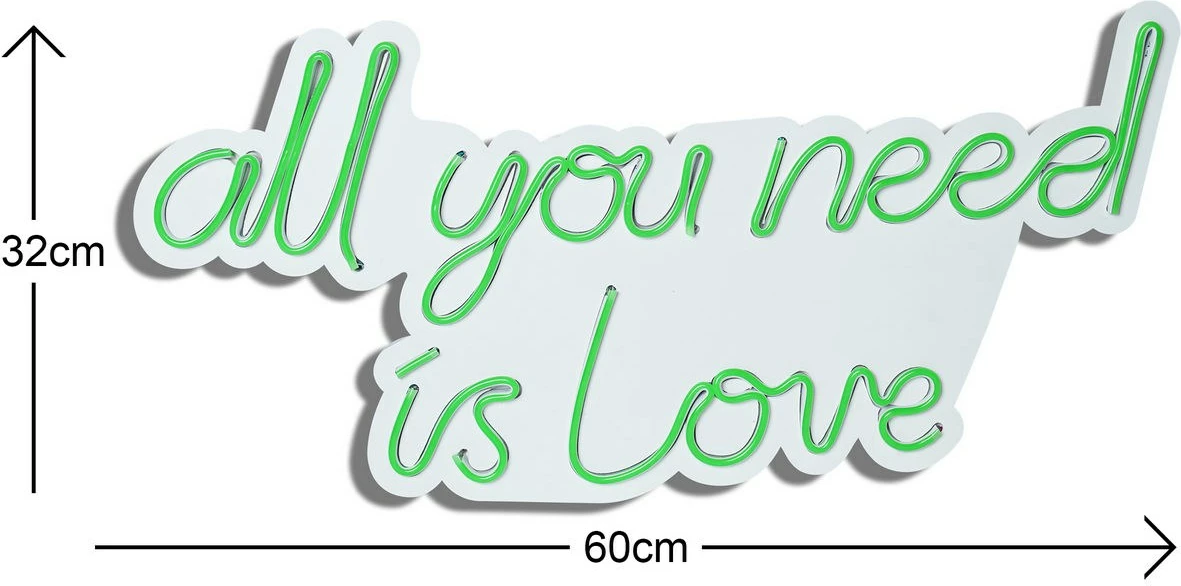 Dekor dritash LED plastik, 'all you need is love', ngjyrë e gjelbër