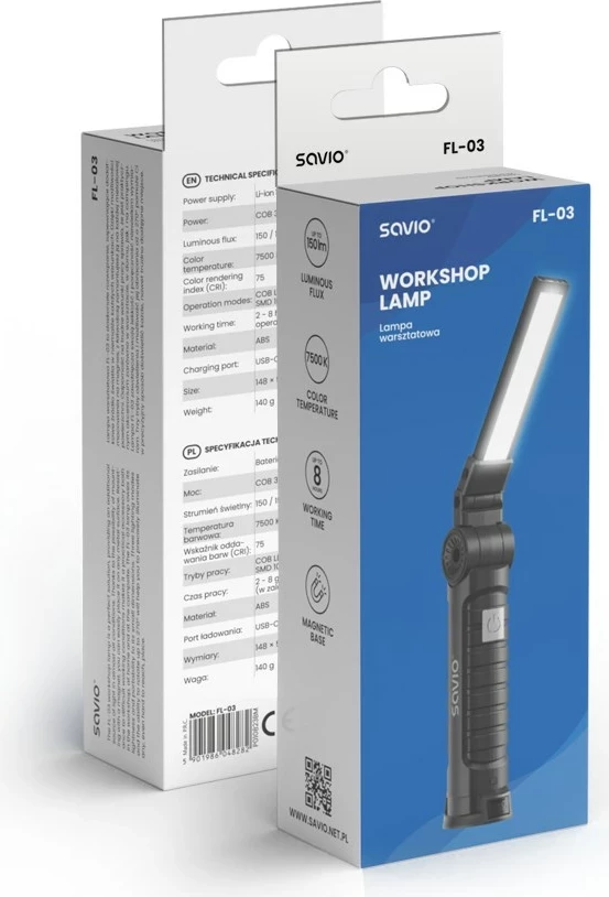 Dritë punëtorie Savio FL-03 COB LED 3W, USB-C, 150 lm, kokë rrotulluese, magnet, e zezë