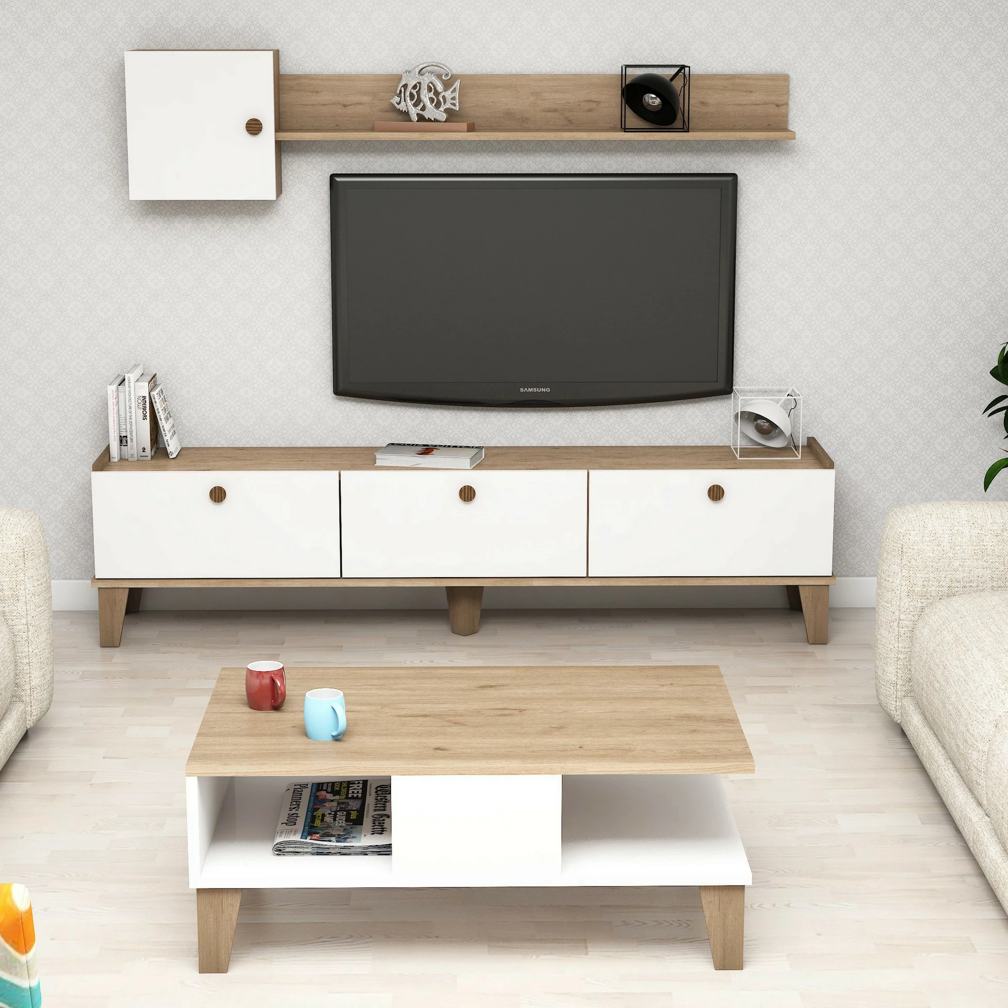 Set mobiljesh për dhomë dite, ngjyrë lis dhe e bardhë, Sumer 1, Hanah Home