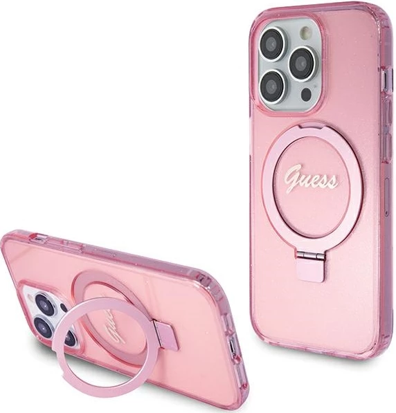 Mbështjellës Guess Ring Stand Script Glitter MagSafe për iPhone 15 Pro, Rozë