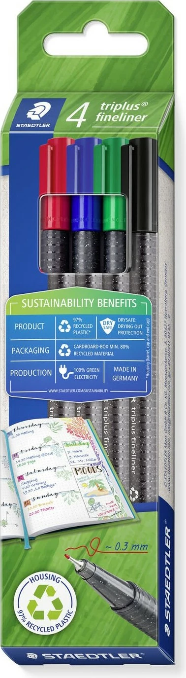 Set lapsa fineliner STAEDTLER 334 RC4, 4 ngjyra, tringjosh, recycled plastic