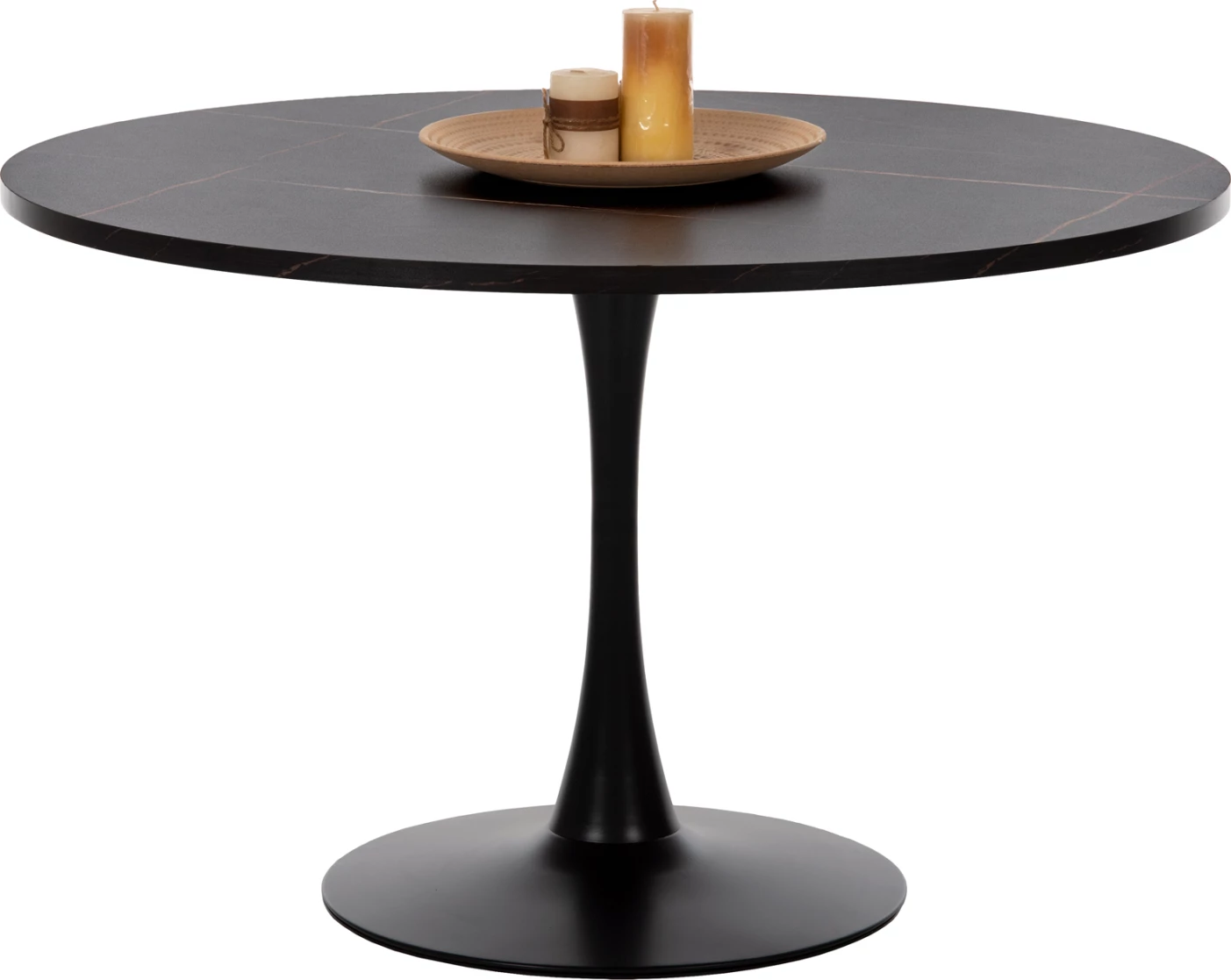 Tavolinë e rrumbullakët ngrënieje ROLLO, melaminë ngjyrë mermeri të zi, këmbë metalike, FH9422.12, 120x74cm