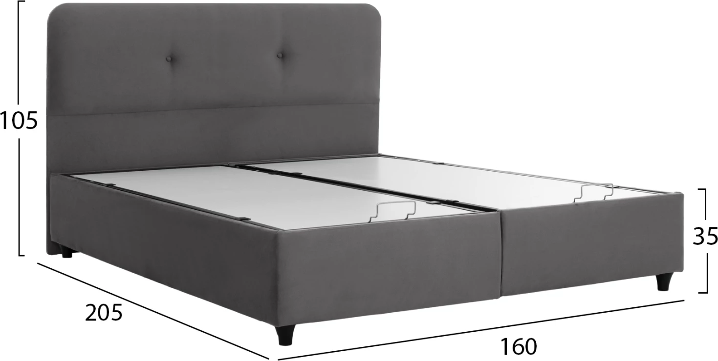 Krevet DOLORES, me hapësirë ruajtëse, kadife gri, 160x200
