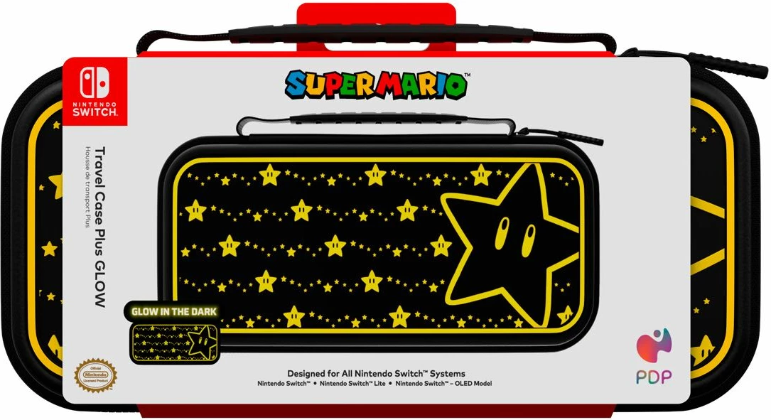 Kasë udhëtimi PDP Switch Travel Case Plus Super Star Glow in the Dark, kompatibile me Nintendo Switch/Lite/OLED, e zezë me të verdhë