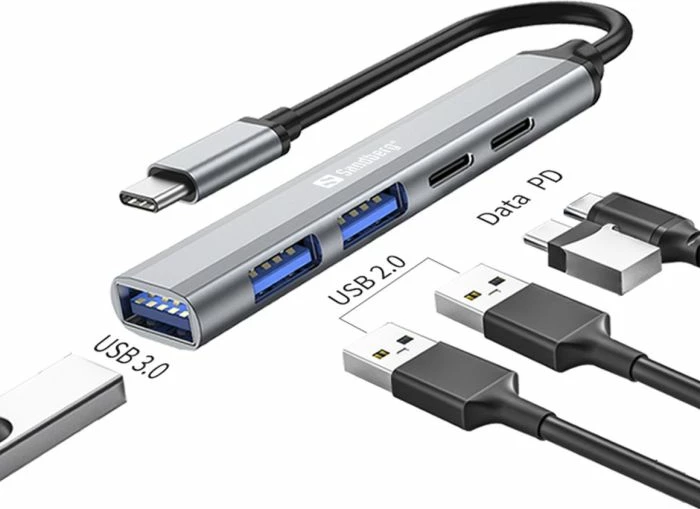 Hub USB-C SANDBERG SAVER 336-50, 3x USB-A + 2x USB-C, PD 65W, argjendtë