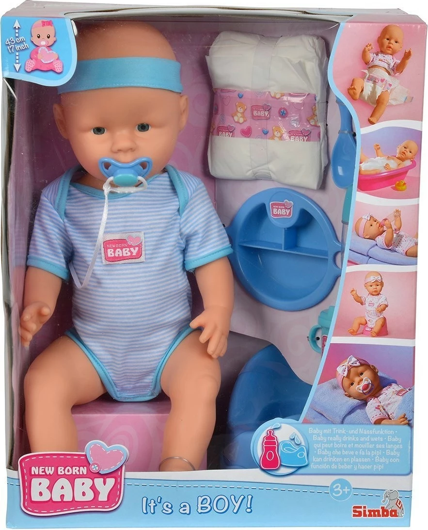 Kukull bebe Simba New Born Baby NBB Boy 43 cm, me funksion pi dhe urinon, 8 aksesorë, blu