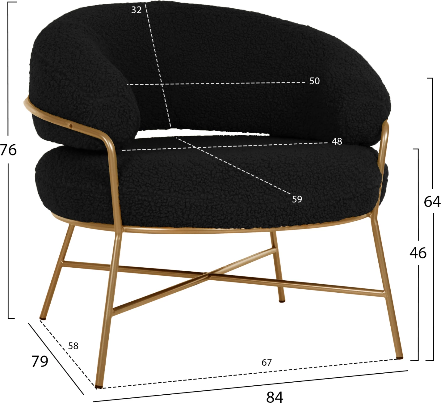 Karrige TRUDI FH8639.24, pëlhurë boucle e zezë dhe kornizë metalike e artë, 84x79x76H cm