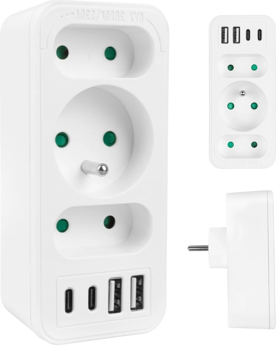 Ndarës prizash Maclean MCE248 F/W, 3 dalje (2 të sheshta + 1 me tokëzim), 2xUSB-A 18W, 2xUSB-C PD 20W, e bardhë