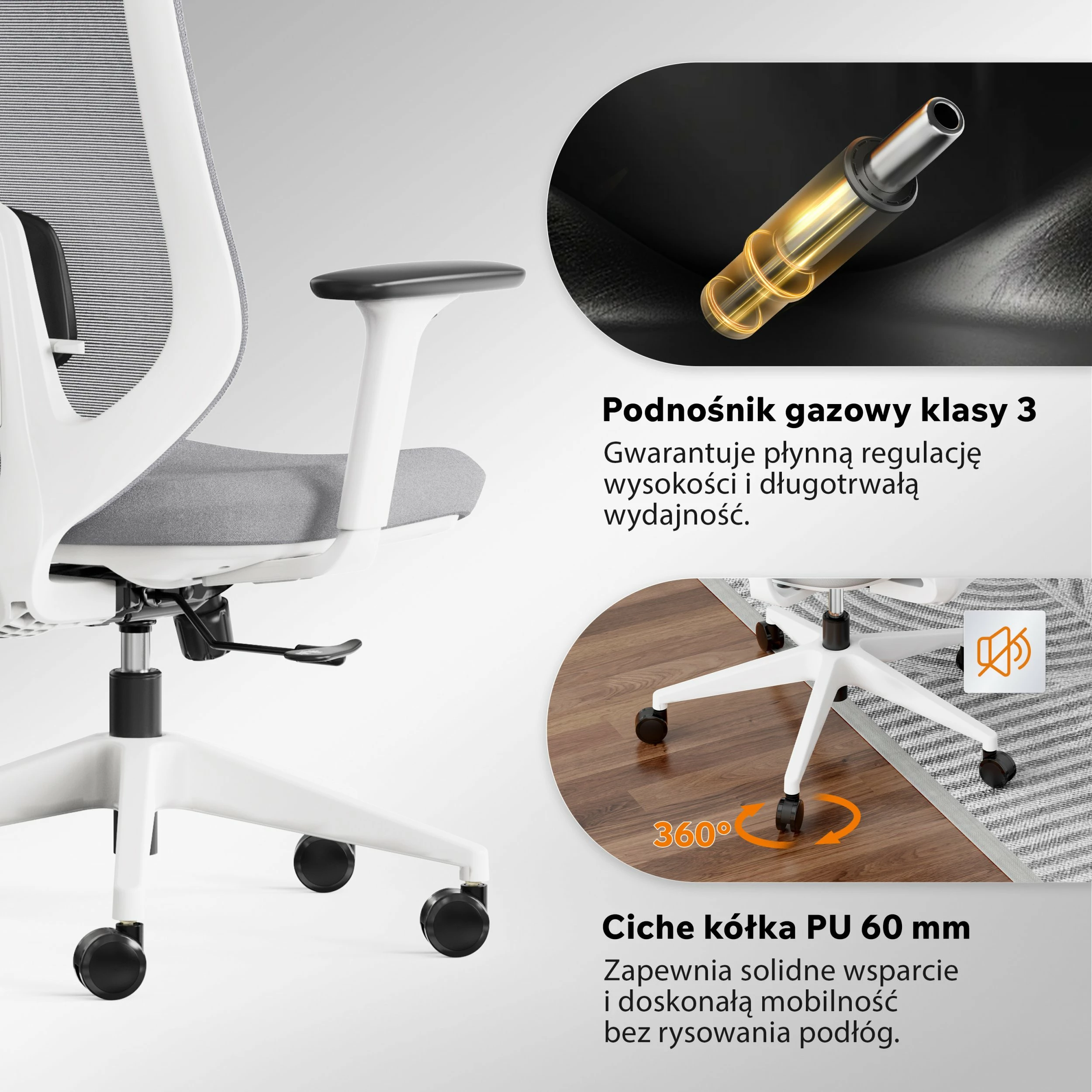 Karrige zyre SENSE7 Nakai, ergonomike me rrota, mbështetëse koke, krahë 3D, 150 kg, bardhë-gri