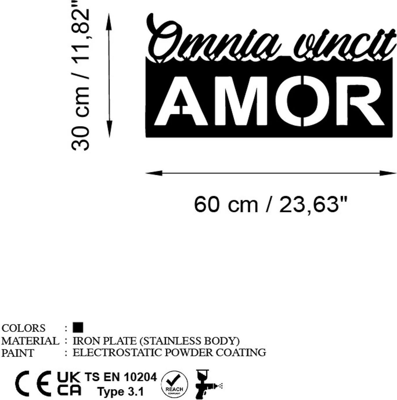 Aksesor dekorativ metalik për mur, Omnia Vincit Amor, 60x30cm