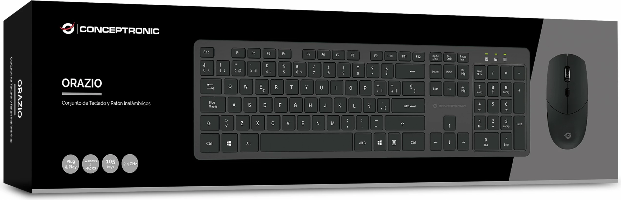 Set tastierë wireless Conceptronic me maus, QWERTY spanjoll, 105 taste, 1600 DPI, e zezë