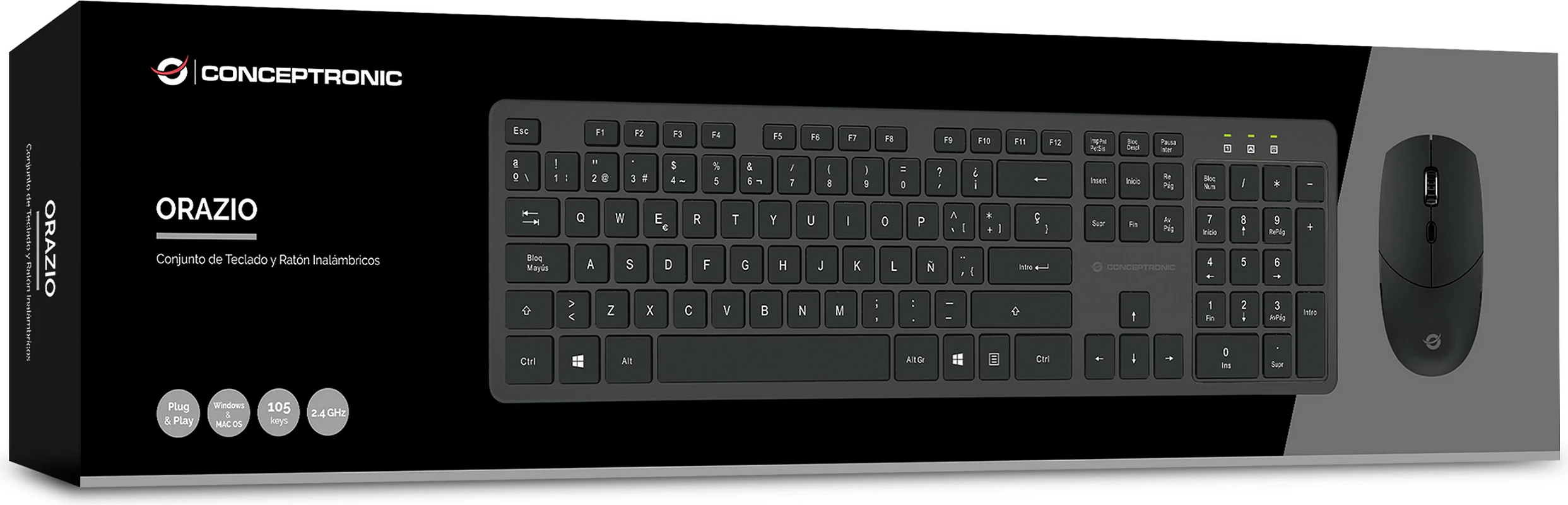 Set tastierë wireless Conceptronic me maus, QWERTY spanjoll, 105 taste, 1600 DPI, e zezë