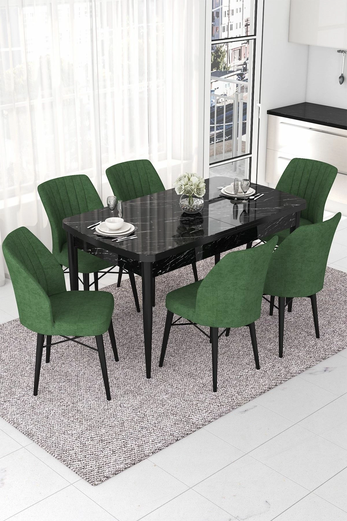 Set tavoline me karrige të zgjatshme (7 copë), Skye Decor, mermer i zi, khaki