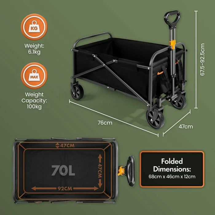 Karrocë palosëse transporti VONHAUS 3519036, 70L, deri 100 kg, 4 rrota 360°, e papërshkueshme nga uji, e zezë