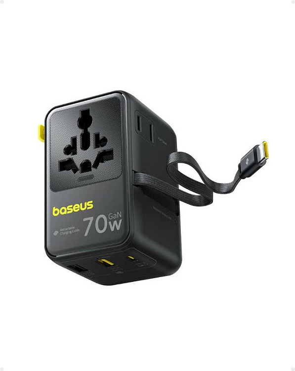 Karikues Baseus EnerCore CG11, 70W GaN, 2xUSB-C + 2xUSB-A, 2x prizë AC, kabllo e tërheqshme 1m, i zi