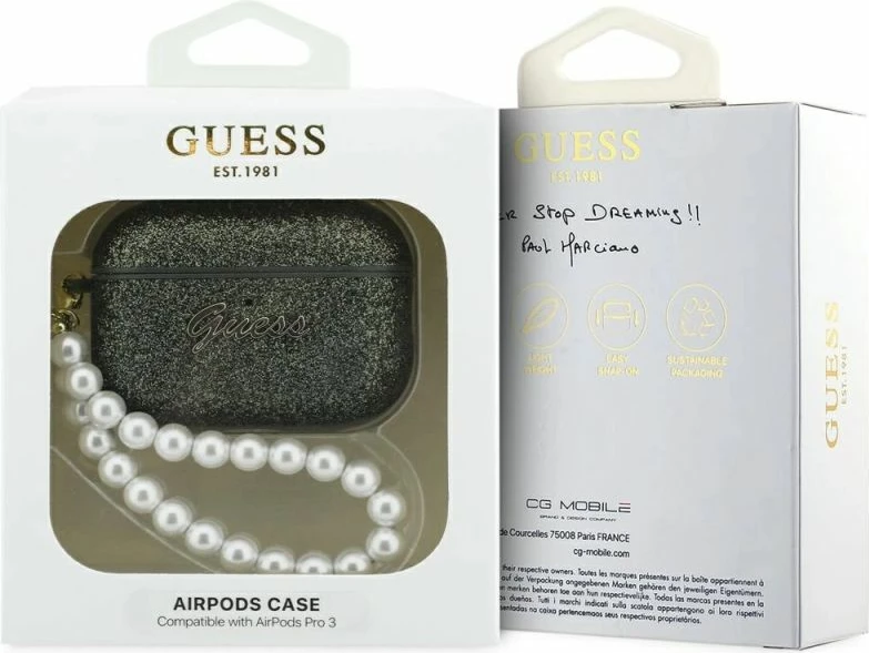 Kutí AirPods Pro 3 Guess Glitter Pearl Strap, e zezë me shkëlqim