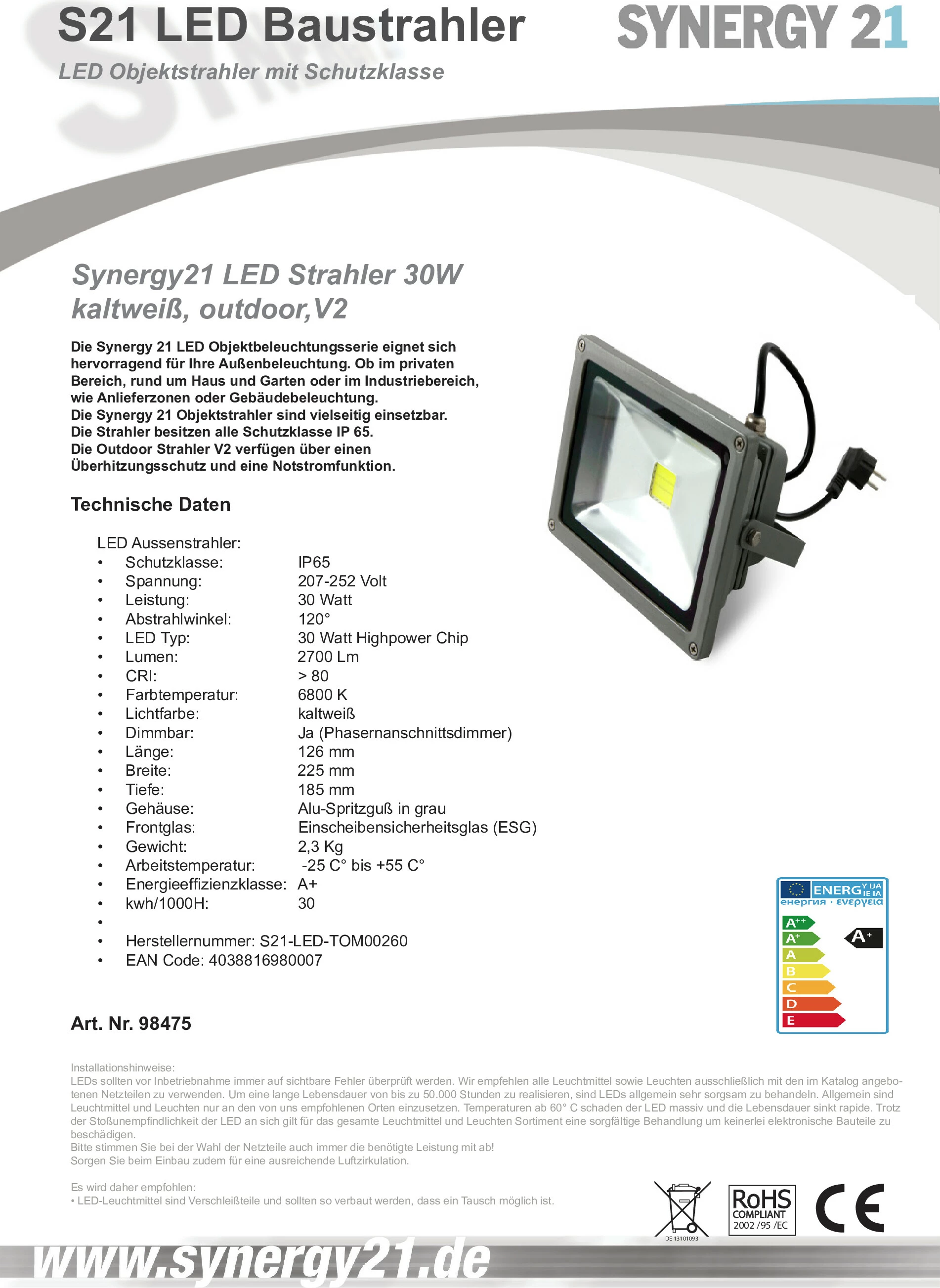 Reflektor LED Synergy21 S21-LED-TOM00260, 30W, 2700 lm, 6800K, IP65, Gri