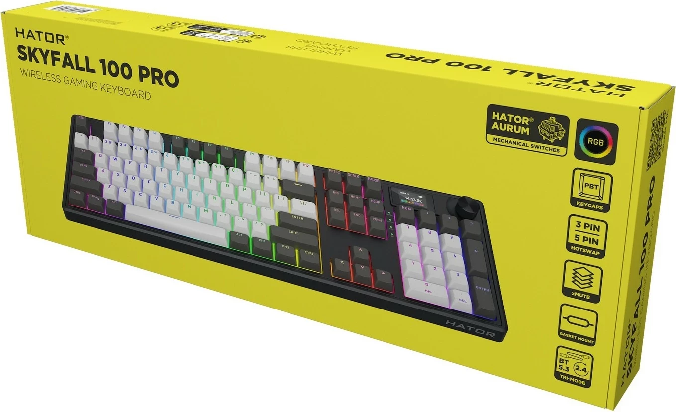 Tastierë mekanike Hator Skyfall 100 PRO, RGB, wireless/wired, full-size, gri-e zezë