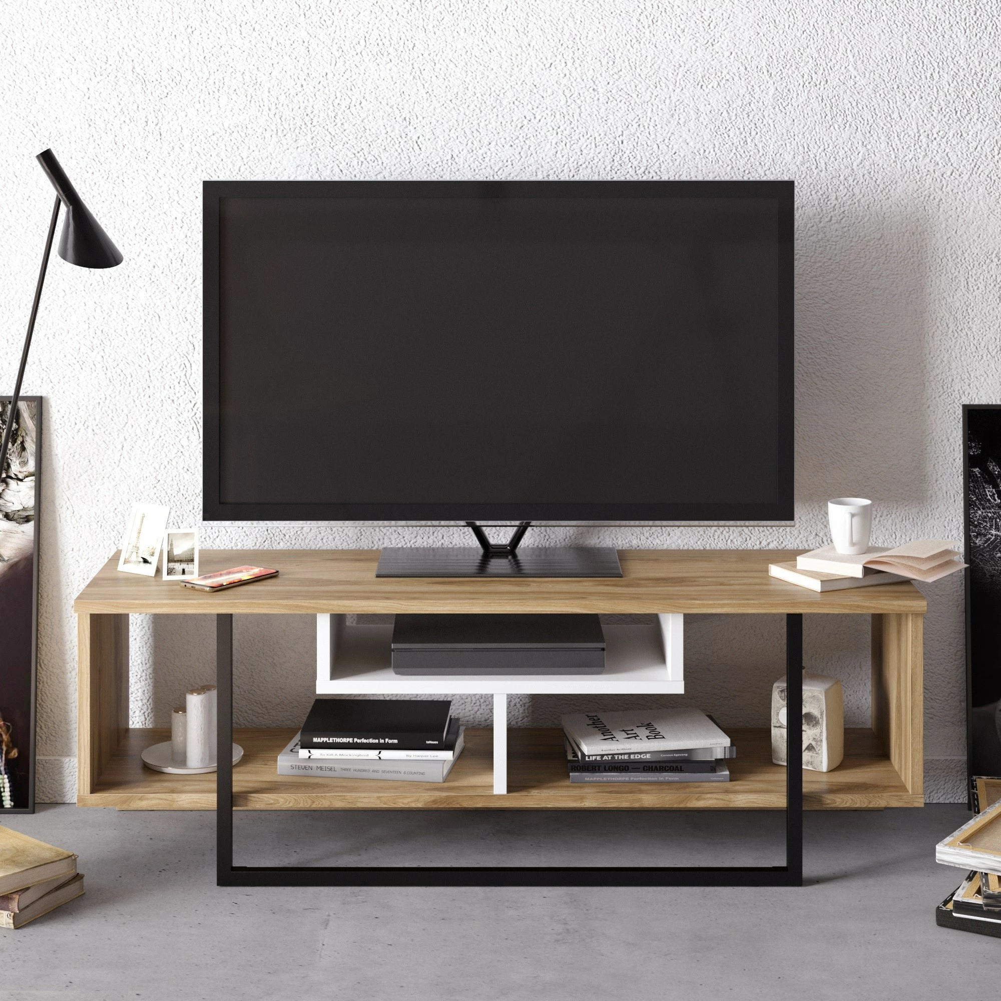 Komodë TV Hanah Home, Asal (120), ngjyrë lis, e bardhë, e zezë