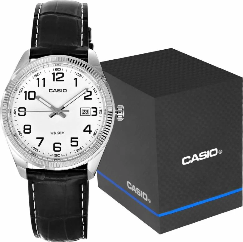 Orë dore për meshkuj Casio MTP-1302PL-7BVEF, argjend me rrip të zi