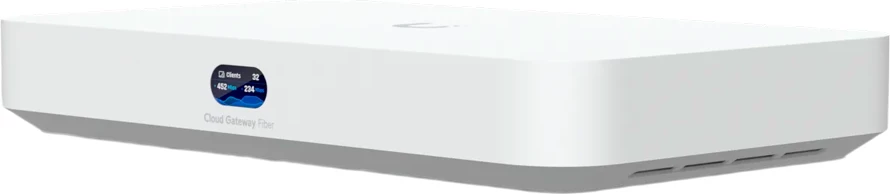 Gateway rrjeti Ubiquiti UniFi Cloud Gateway Fiber, 3GB RAM, WAN SFP+ + RJ-45, LAN SFP+ + 4x RJ-45, i bardhë, me adapter rryme