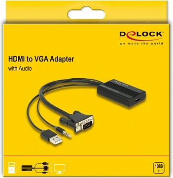 Adapter DeLOCK HDMI në VGA me audio 3.5mm + USB, 25cm, 1080p, i zi