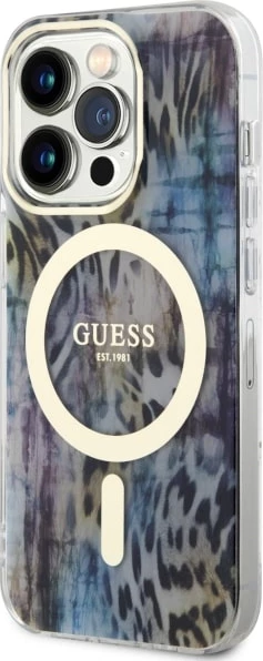Mbështjellës Guess Leopard MagSafe për iPhone 14 Pro 6.1", Blu